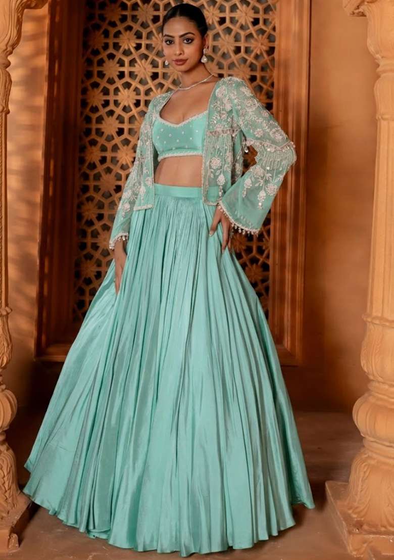 Sky Blue Crepe Handwork Lehenga Set - Indya