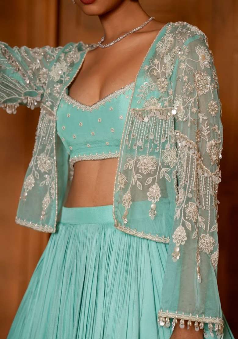 Sky Blue Crepe Handwork Lehenga Set - Indya