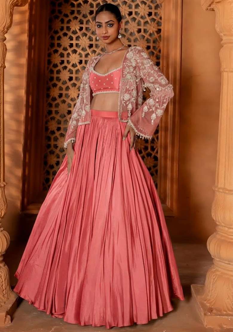 Pink Crepe Handwork Lehenga Set - Indya