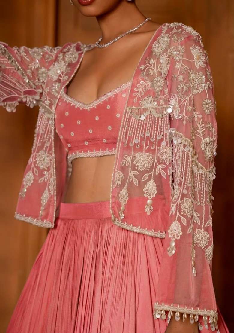 Pink Crepe Handwork Lehenga Set - Indya