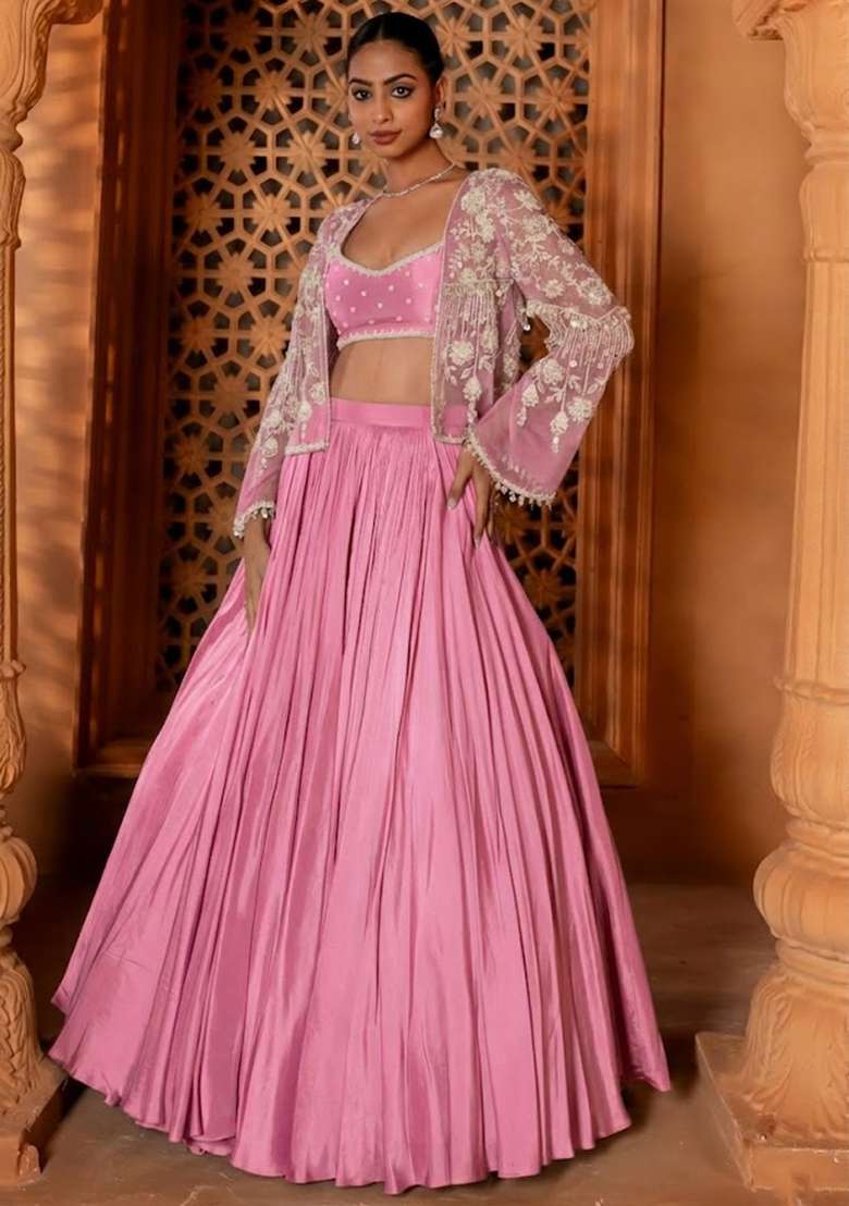 Pink Crepe Handwork Lehenga Set - Indya