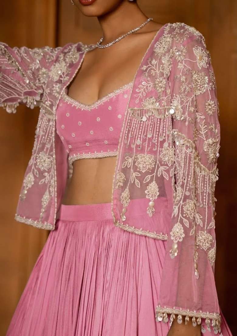 Pink Crepe Handwork Lehenga Set - Indya