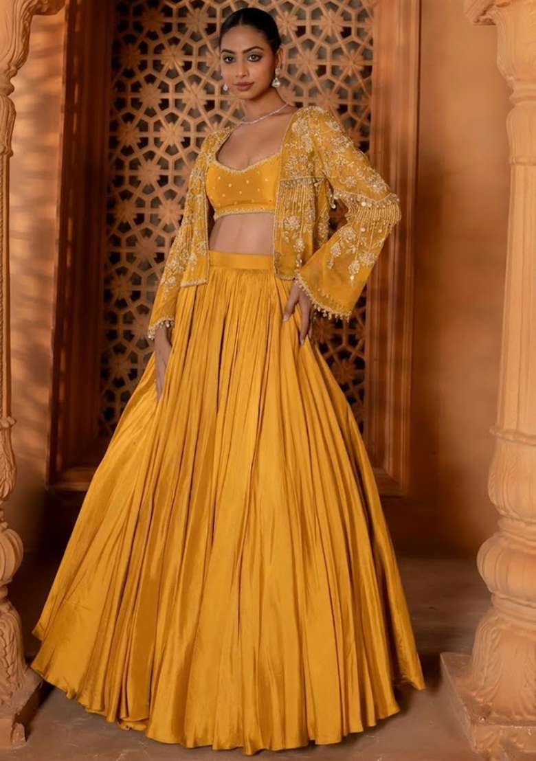 Mustard Crepe Handwork Lehenga Set - Indya