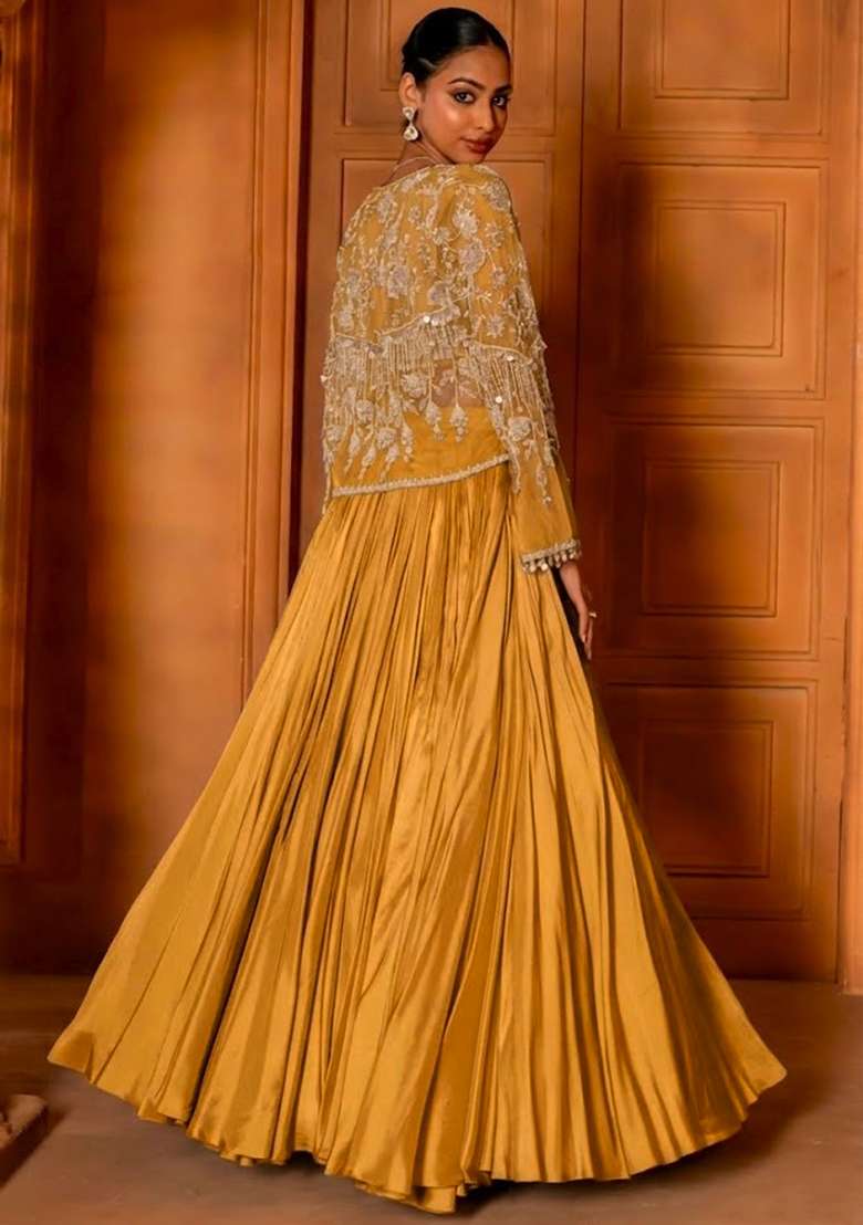 Mustard Crepe Handwork Lehenga Set - Indya