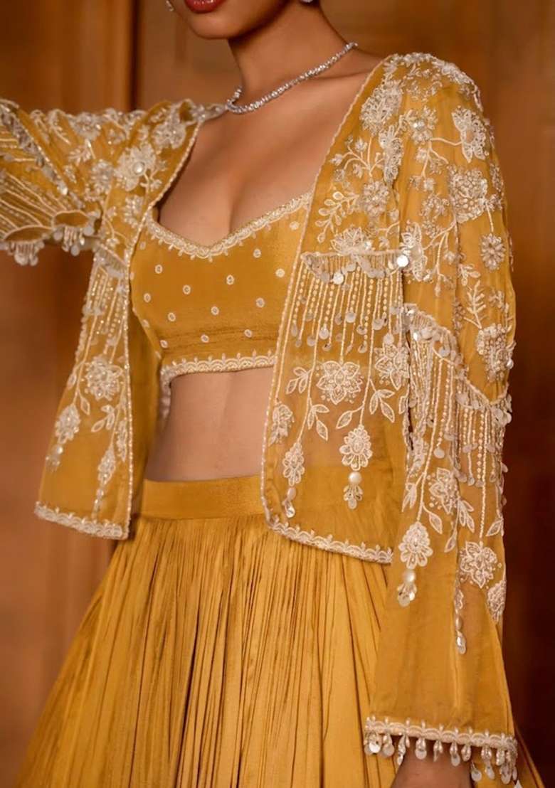 Mustard Crepe Handwork Lehenga Set - Indya