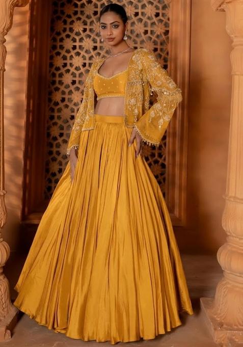Mustard Crepe Handwork Lehenga Set