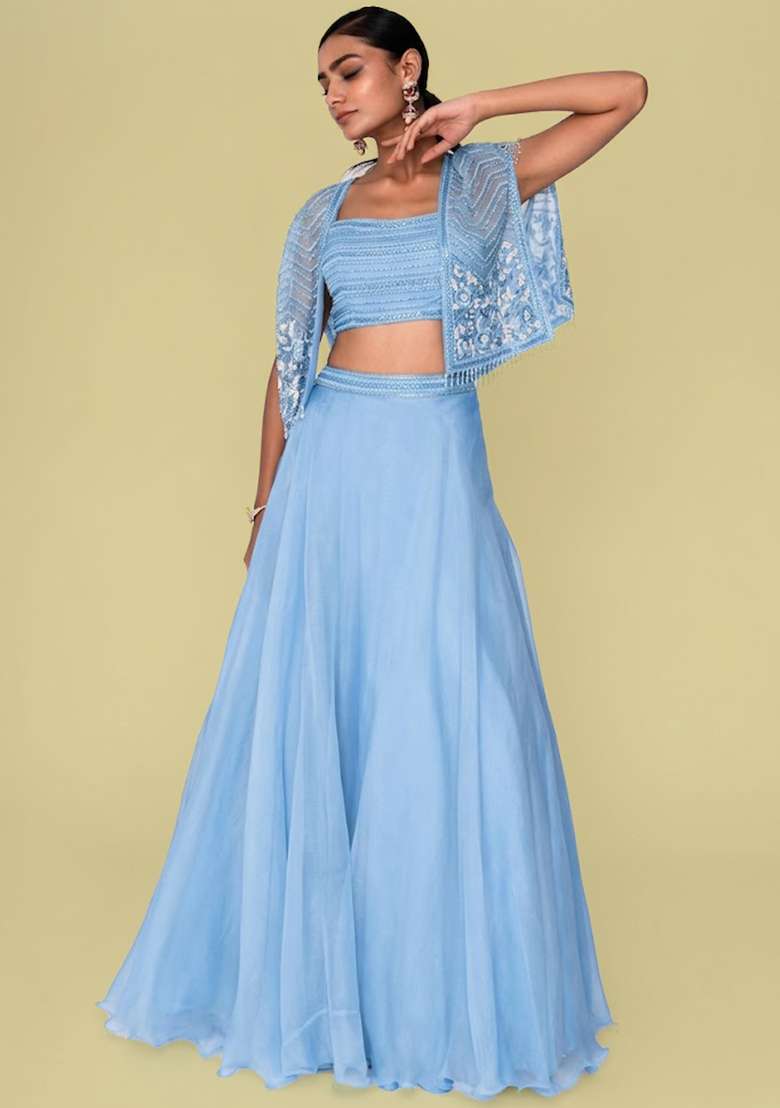 Pastel Blue Organza Handwork Lehenga Set - Indya