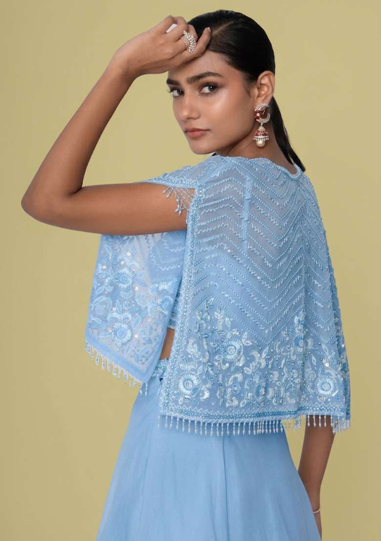 Pastel Blue Organza Handwork Lehenga Set - Indya