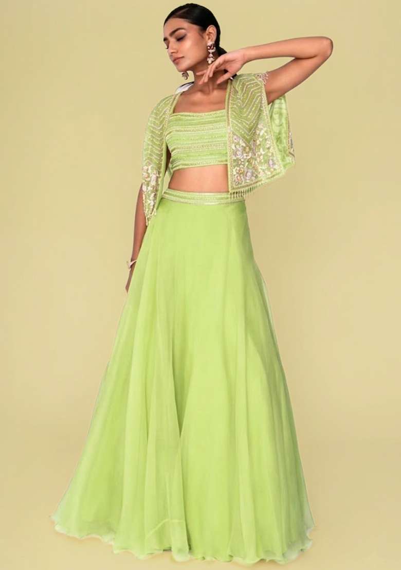 Lime Green Organza Handwork Lehenga Set - Indya
