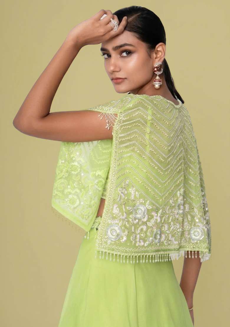 Lime Green Organza Handwork Lehenga Set - Indya