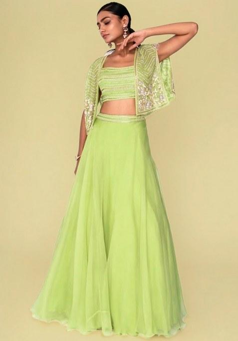 Lime Green Organza Handwork Lehenga Set