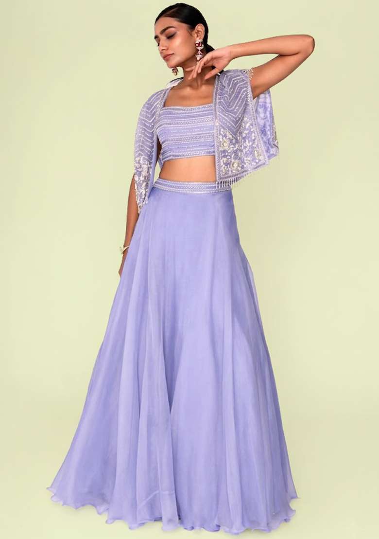 Lavender Organza Handwork Lehenga Set - Indya