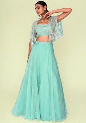 Mint Green Organza Handwork Lehenga Set