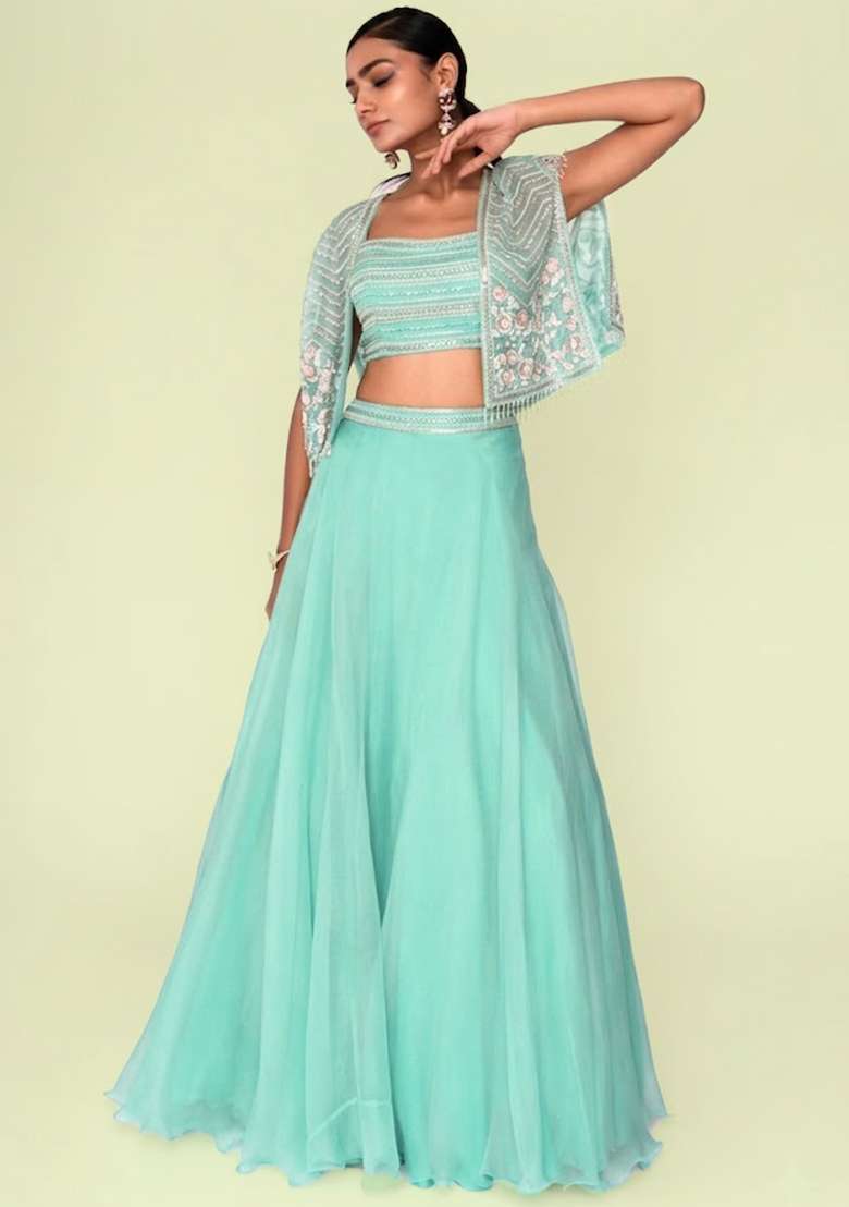 Mint Green Organza Handwork Lehenga Set - Indya