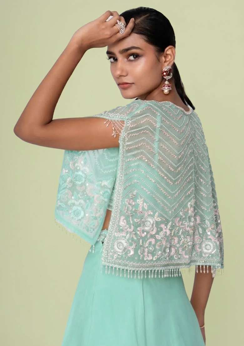 Mint Green Organza Handwork Lehenga Set - Indya