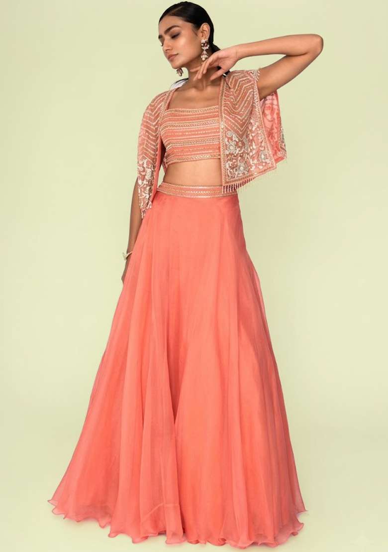 Peach Organza Handwork Lehenga Set - Indya
