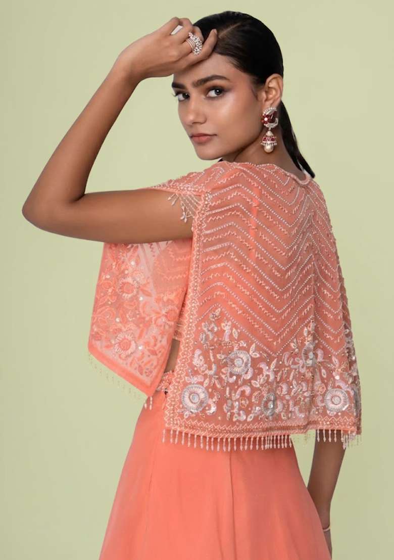 Peach Organza Handwork Lehenga Set - Indya