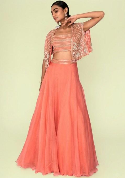Peach Organza Handwork Lehenga Set
