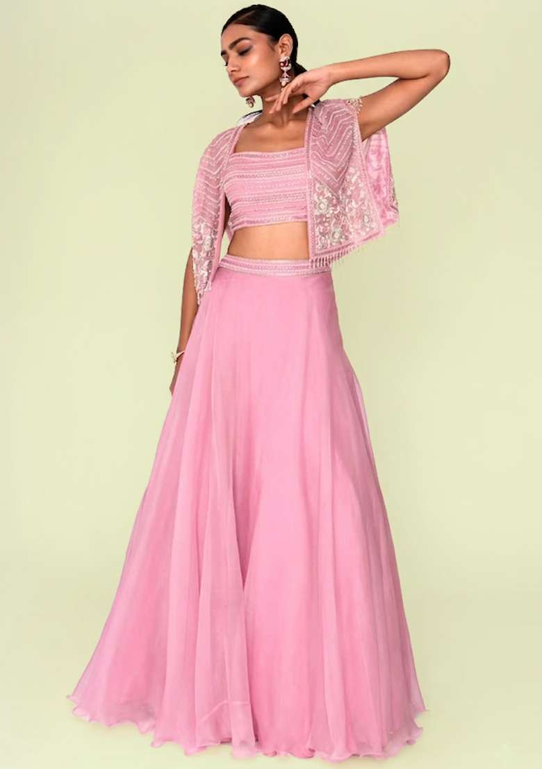 Pink Organza Handwork Lehenga Set - Indya