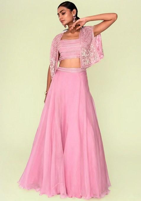 Pink Organza Handwork Lehenga Set