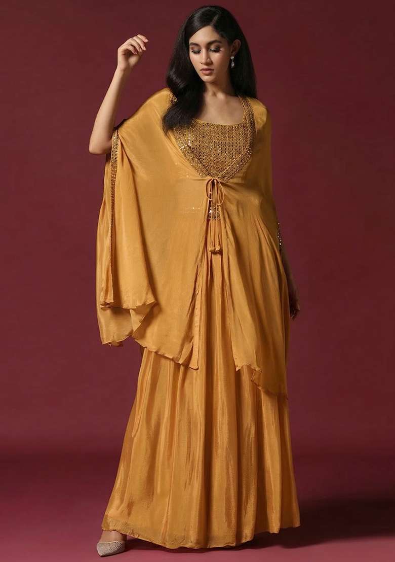 Mustard Chinon Handwork Lehenga Set - Indya