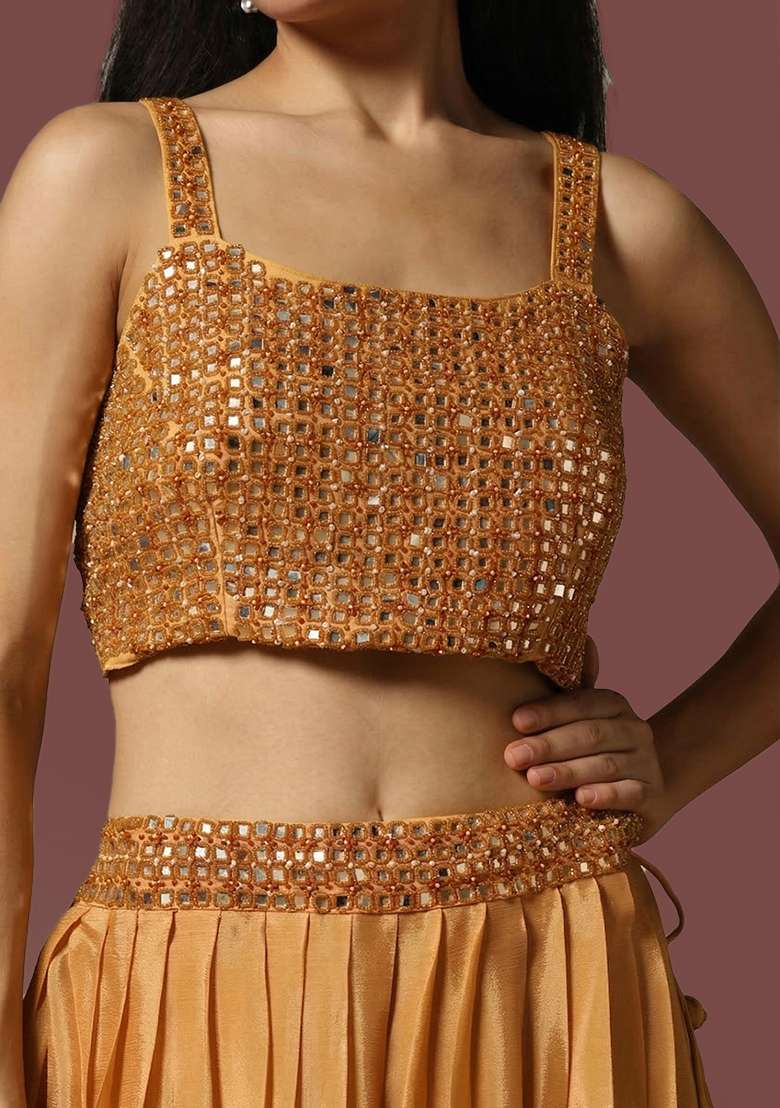Mustard Chinon Handwork Lehenga Set - Indya