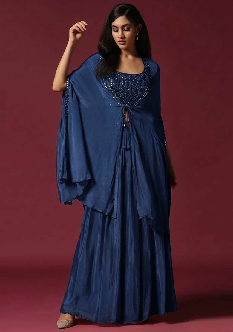Midnight Blue Chinon Handwork Lehenga Set - Indya