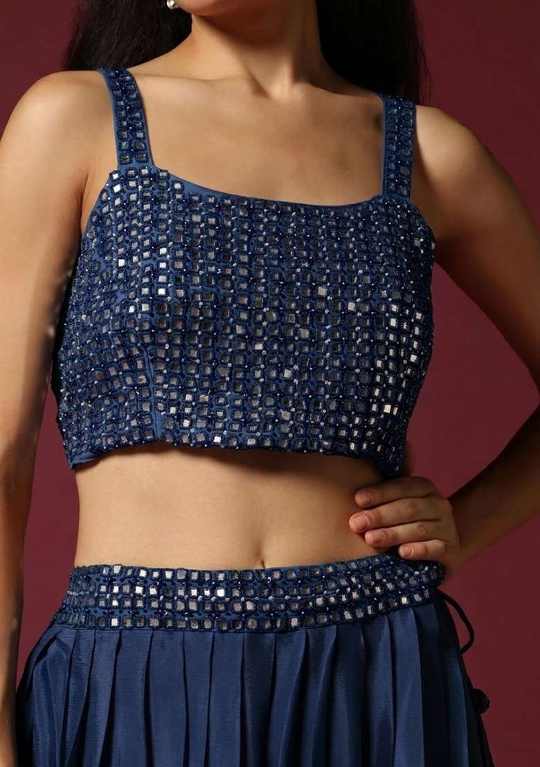 Midnight Blue Chinon Handwork Lehenga Set - Indya