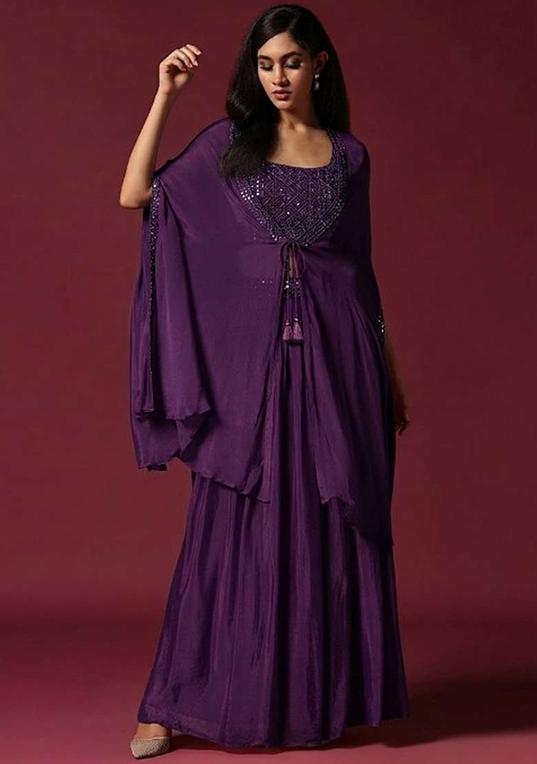 Purple Chinon Handwork Lehenga Set - Indya