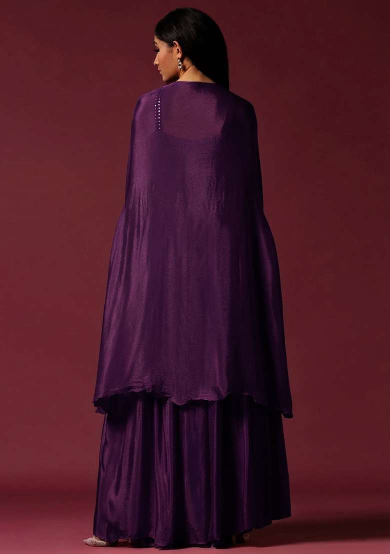 Purple Chinon Handwork Lehenga Set - Indya