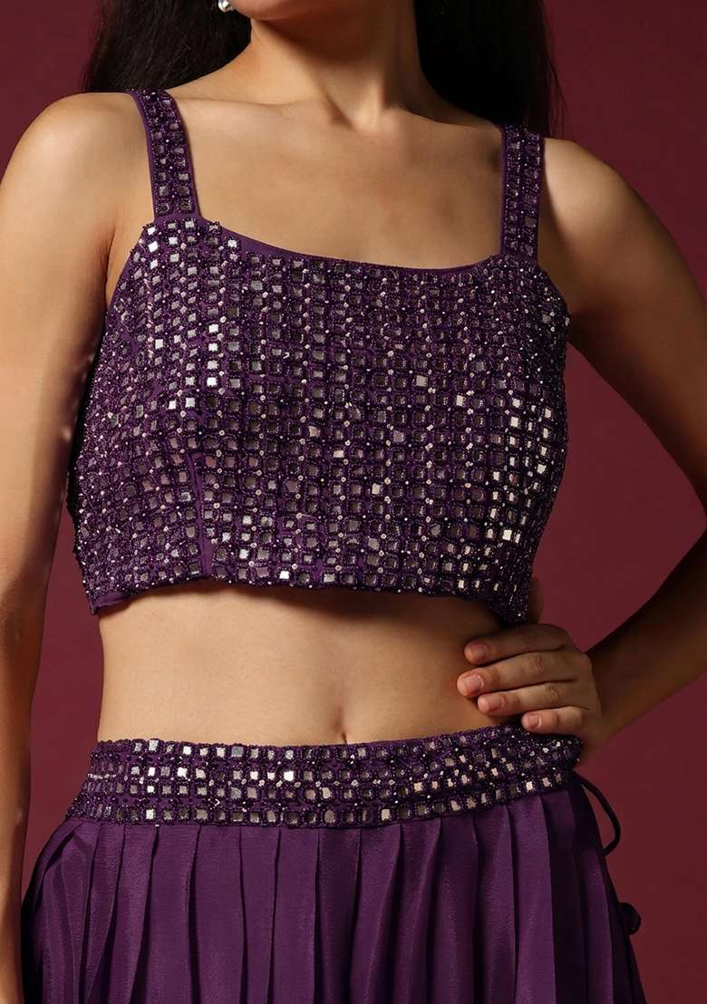 Purple Chinon Handwork Lehenga Set - Indya