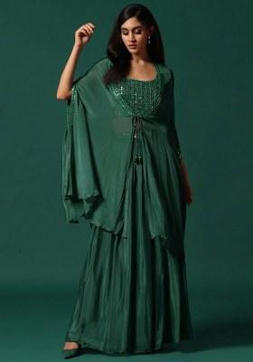 Bottle Green Chinon Handwork Lehenga Set