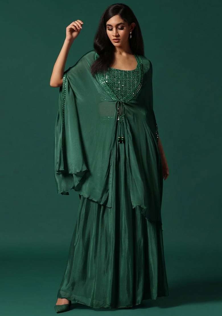 Bottle Green Chinon Handwork Lehenga Set - Indya