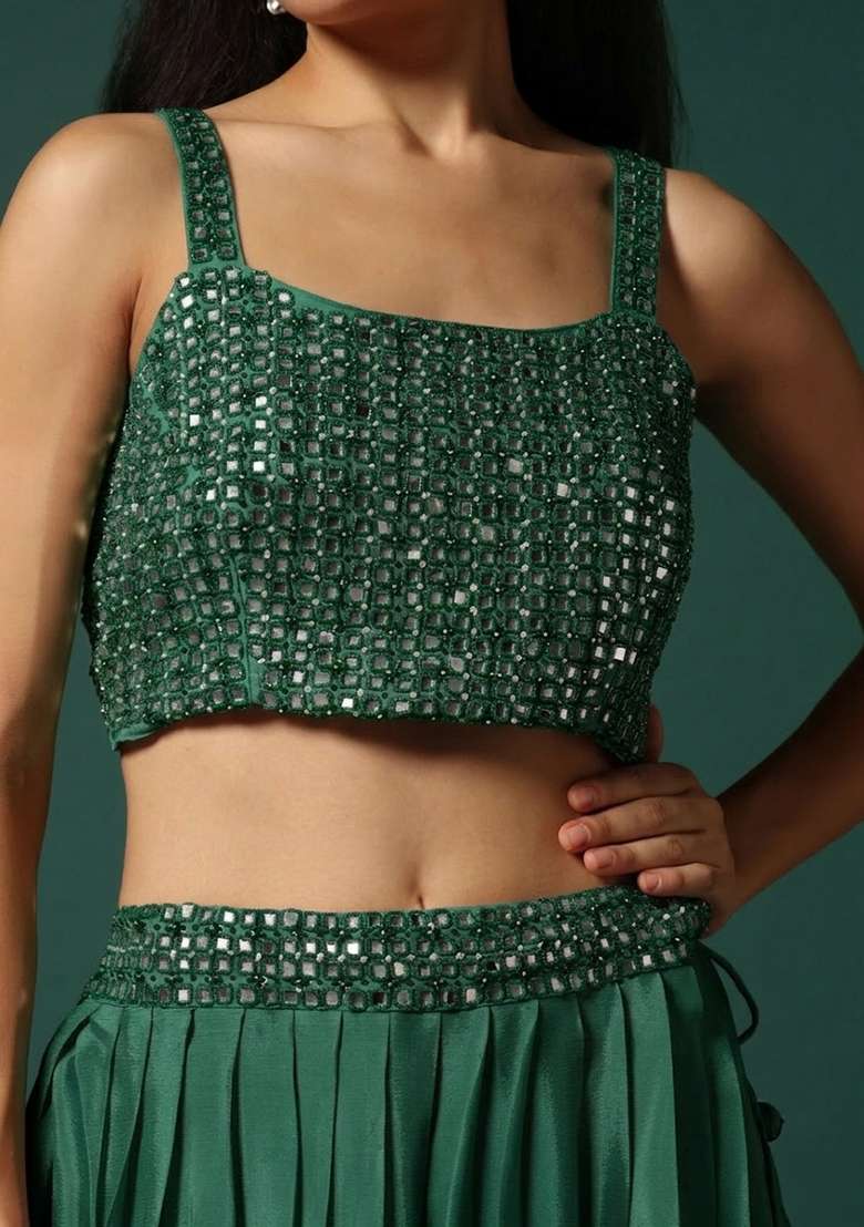 Bottle Green Chinon Handwork Lehenga Set - Indya