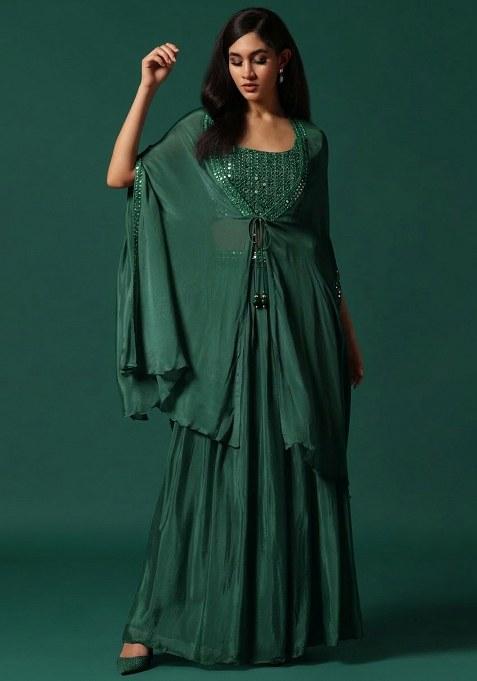 Bottle Green Chinon Handwork Lehenga Set