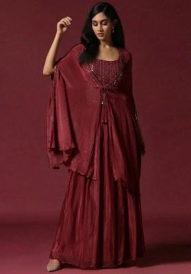 Maroon Chinon Handwork Lehenga Set