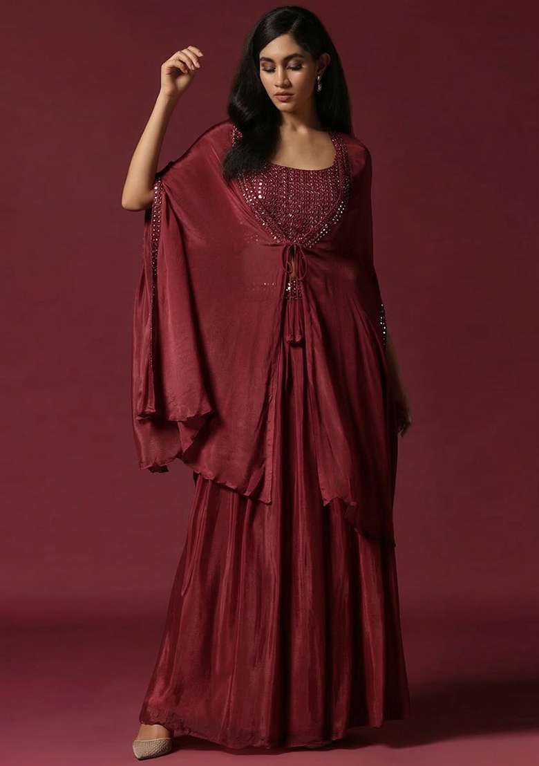 Maroon Chinon Handwork Lehenga Set - Indya