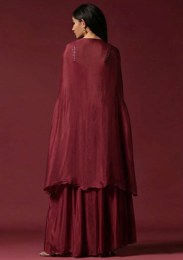 Maroon Chinon Handwork Lehenga Set - Indya