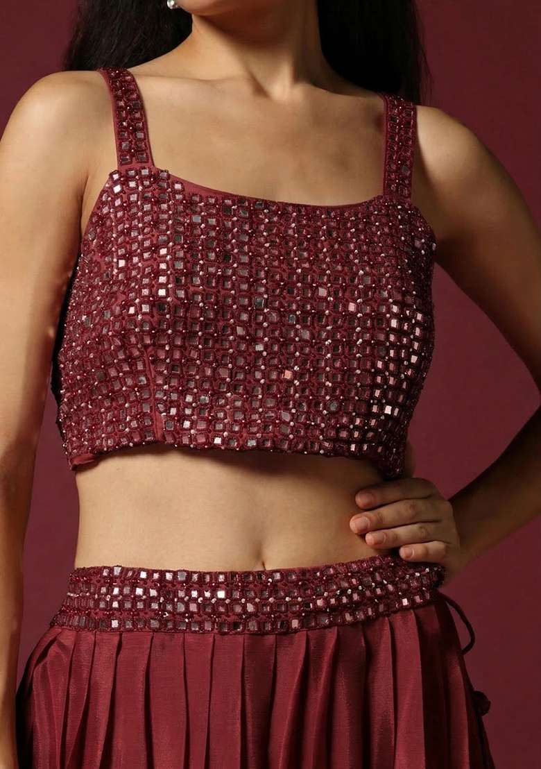 Maroon Chinon Handwork Lehenga Set - Indya