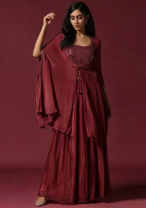 Maroon Chinon Handwork Lehenga Set