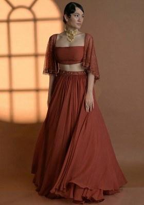 Rust Brown Georgette Handwork Lehenga Set