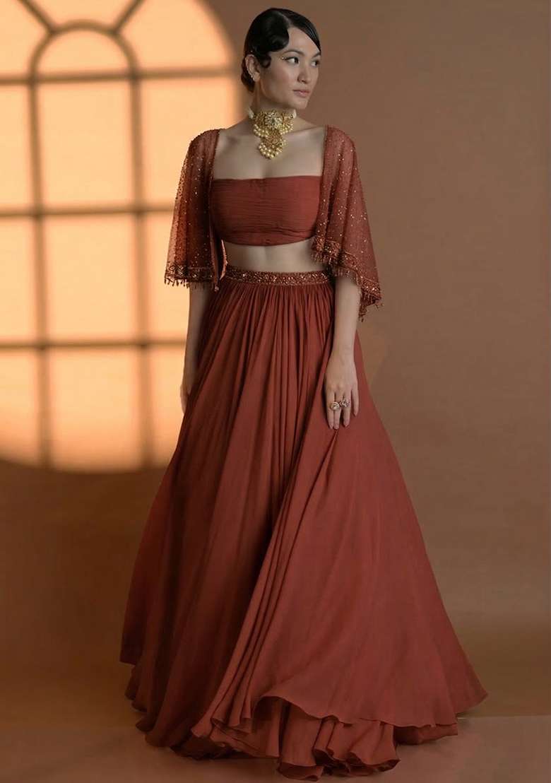 Rust Brown Georgette Handwork Lehenga Set - Indya