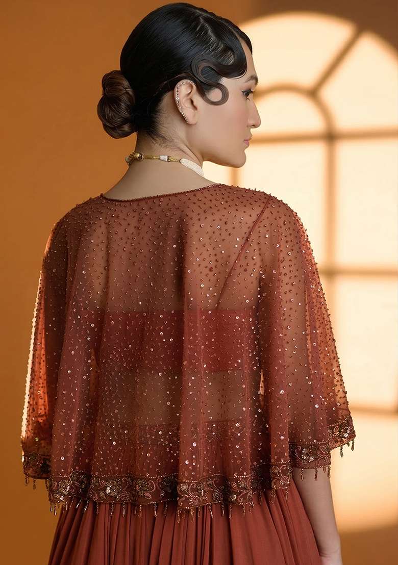 Rust Brown Georgette Handwork Lehenga Set - Indya