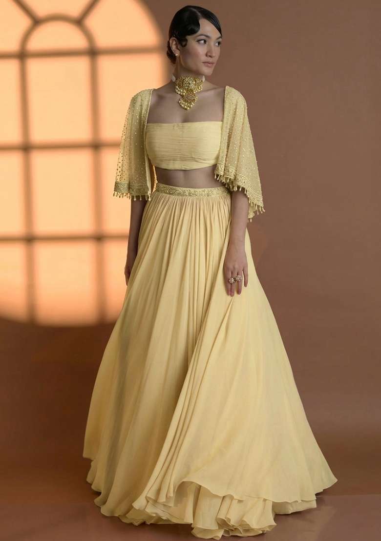 Yellow Georgette Handwork Lehenga Set - Indya