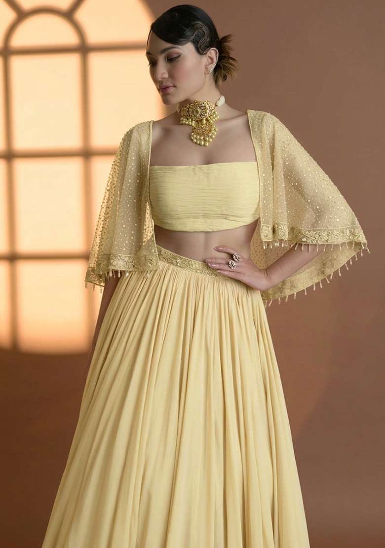 Yellow Georgette Handwork Lehenga Set - Indya