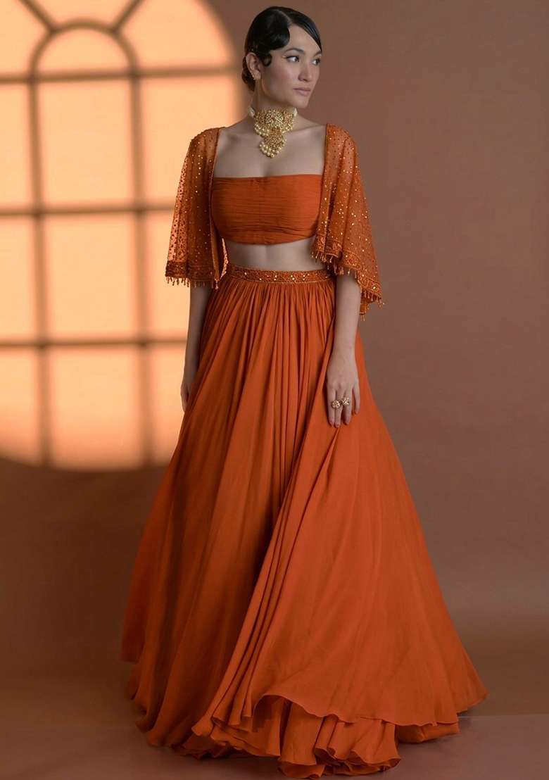 Rust Georgette Handwork Lehenga Set - Indya