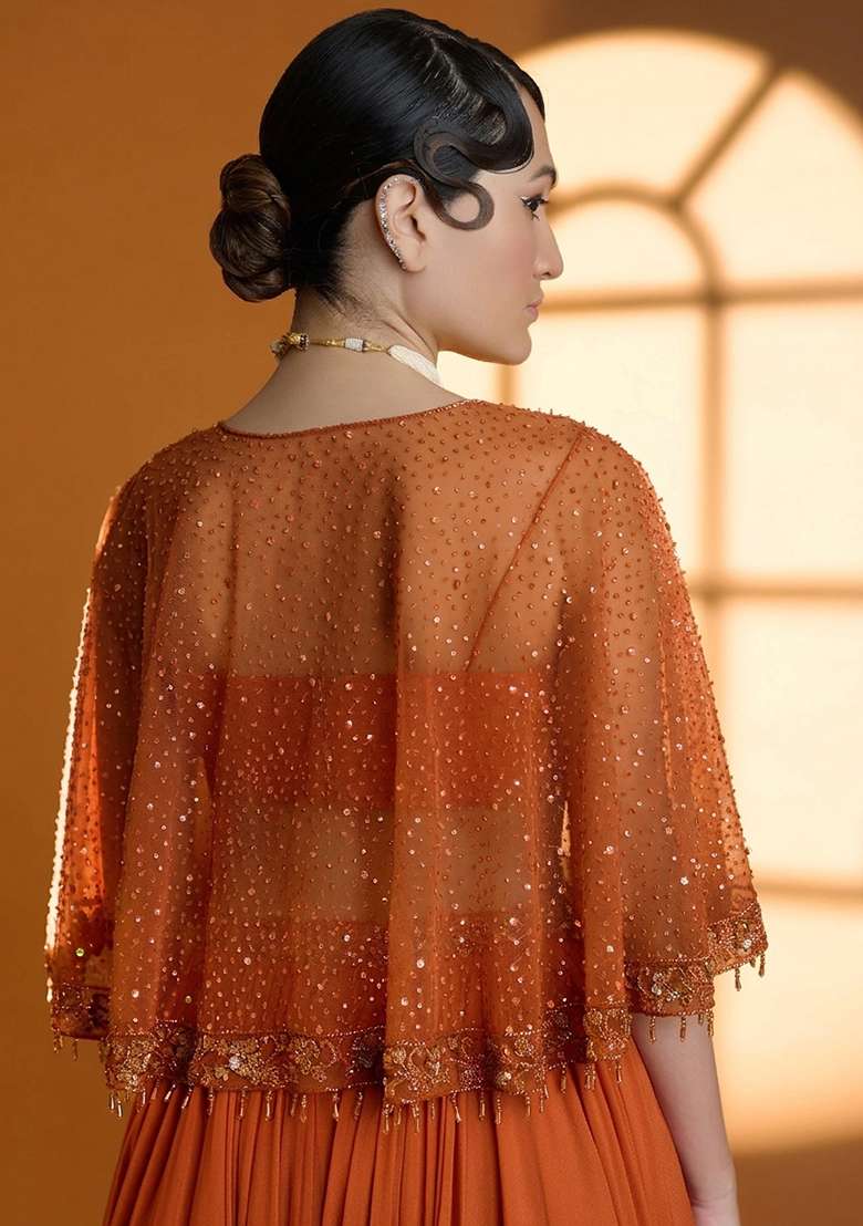 Rust Georgette Handwork Lehenga Set - Indya