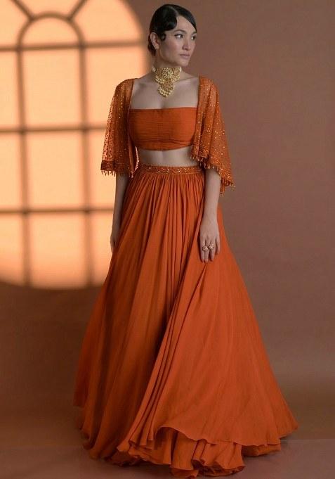 Rust Georgette Handwork Lehenga Set