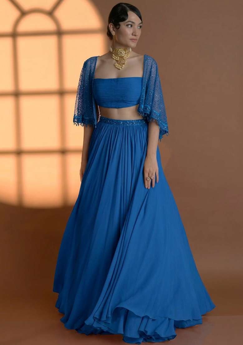 Lavender Blue Georgette Handwork Lehenga Set - Indya