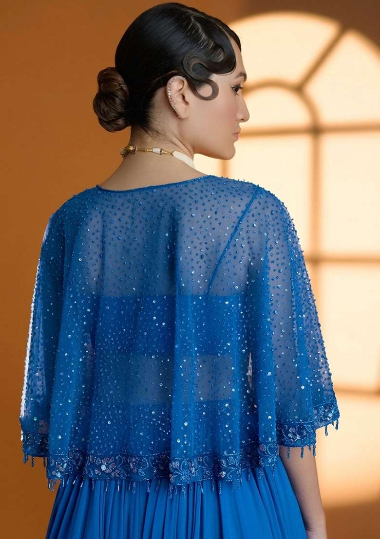 Lavender Blue Georgette Handwork Lehenga Set - Indya